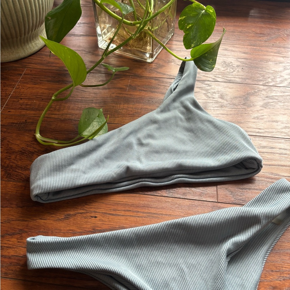 One-Shoulder Ribbed Bikini Set - Gray